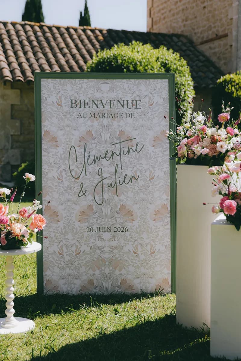 Wedding welcome sign surrounded by floral arrangements, on the lawn
