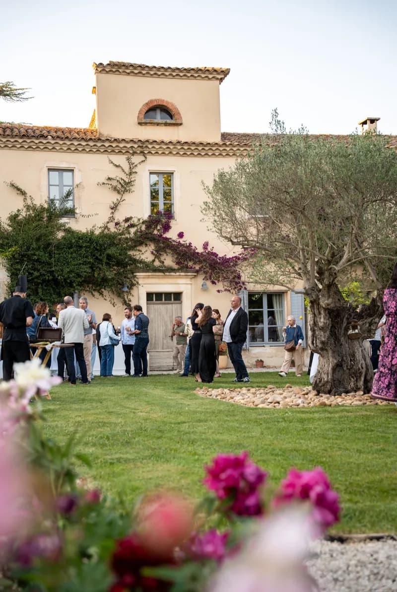 Cocktail reception on the lawn in front of the house, in the shade of an olive tree